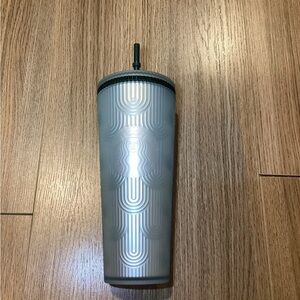STARBUCKS Metallic Silver Tumbler with Dark Green Straw